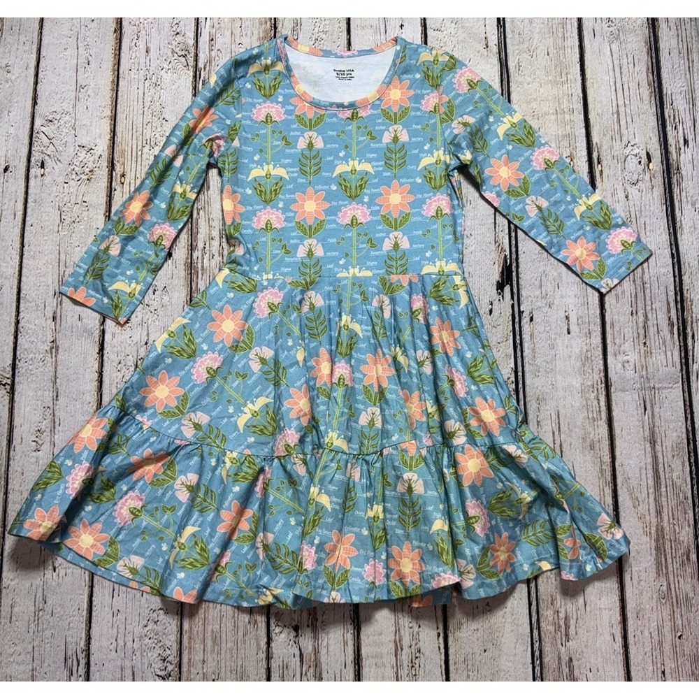 Svaha Girls 9-10 Knee Length Flower Plant Dress Blue Floral Print Science
